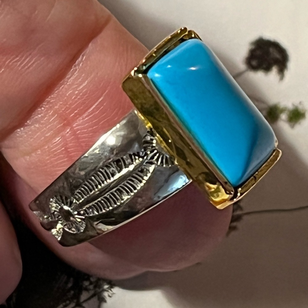 Last one $350 Polished & etched sterling & turquoise ring size 9